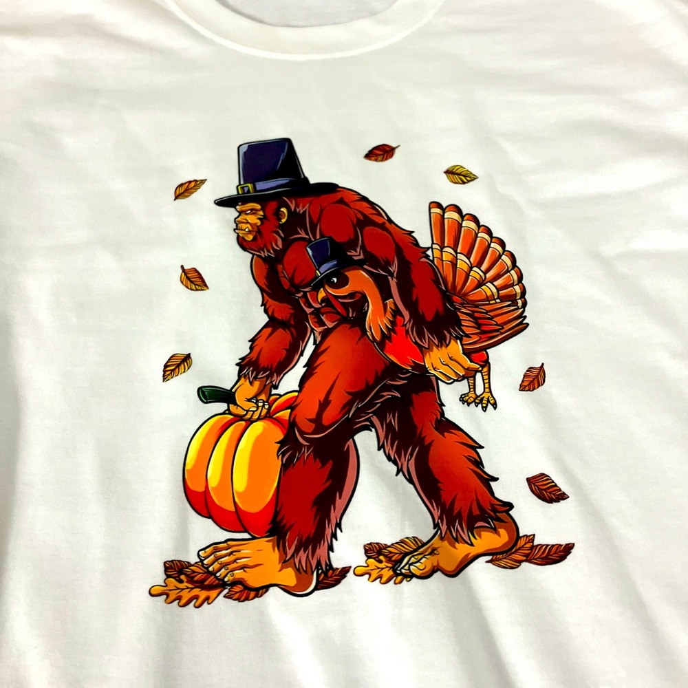 Big Foot Sasquatch Thanksgiving Pumpkin Turkey Fall Leaves White Tee